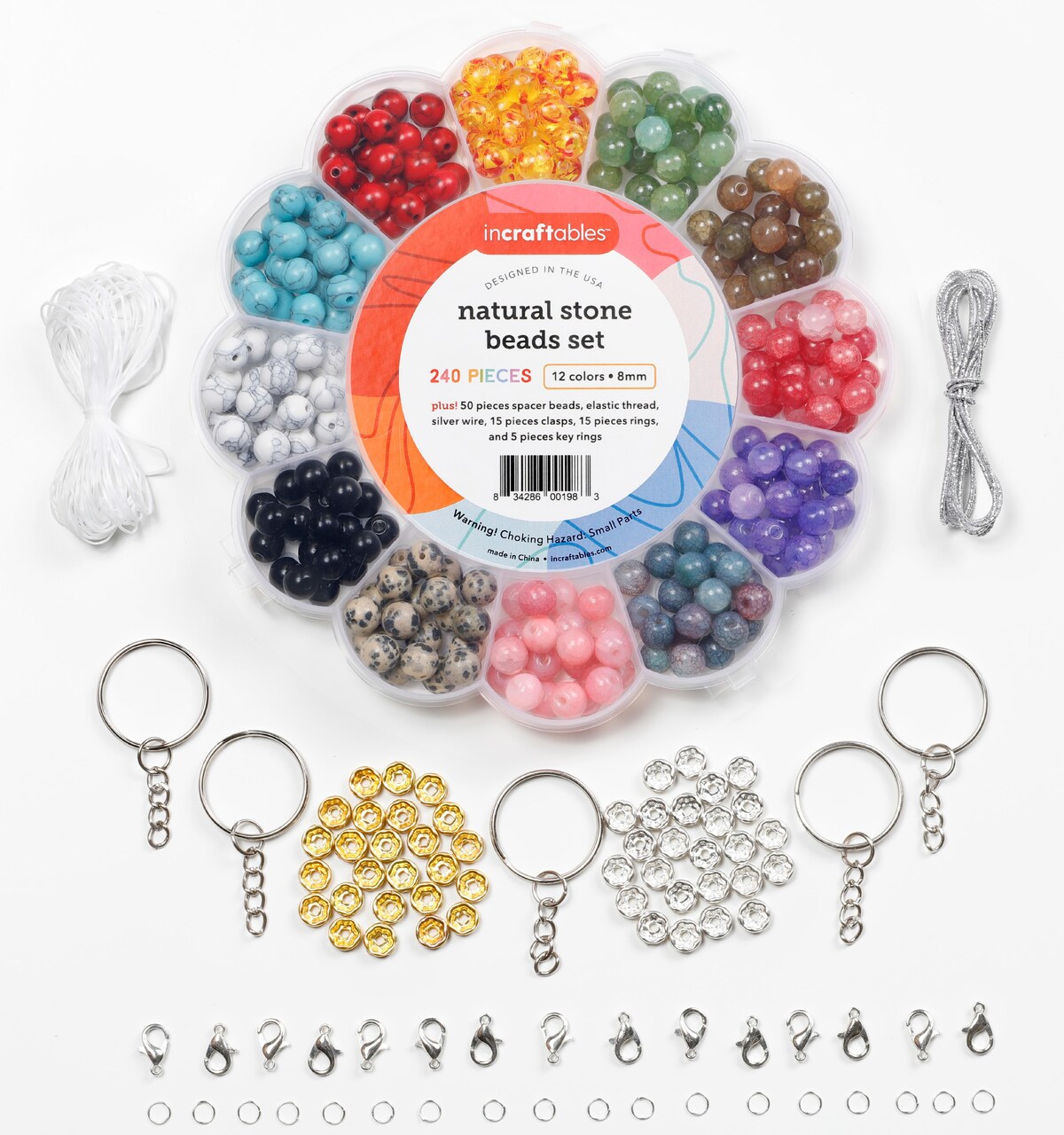 Incraftables Natural Stone Beads 12 Colors 240pcs Set for DIY Jewelry, Necklace & Bracelet Making. Assorted Real Crystal Chakra Bead Kit with Spacer Beads, Elastic String & Organizer for Adults & Kids